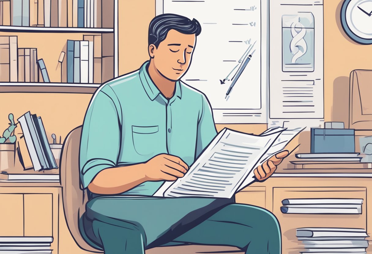 A person with hypothyroidism experiencing heart palpitations while reading a list of frequently asked questions