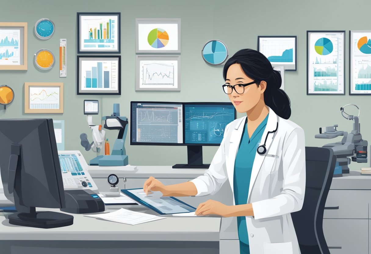 Leslie Lam, a cardiologist, is seen in a bright, modern office, surrounded by medical equipment and charts. She is focused and engaged with a patient, exuding professionalism and expertise