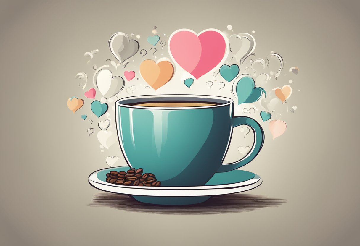 A steaming cup of coffee surrounded by question marks, with a heart symbol in the background