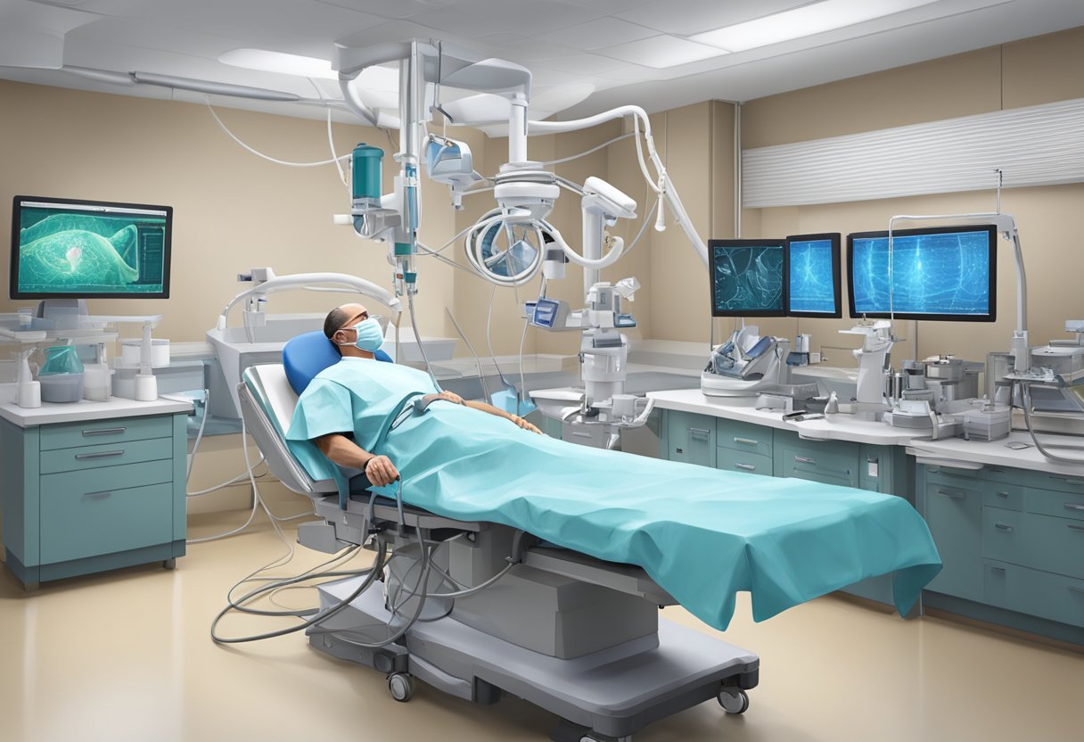 An interventional cardiologist performing a complex cardiac procedure in a state-of-the-art catheterization lab