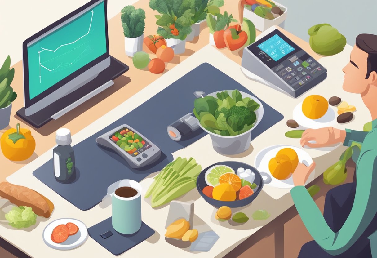 A person resting at home, surrounded by healthy foods, medication, and a heart rate monitor