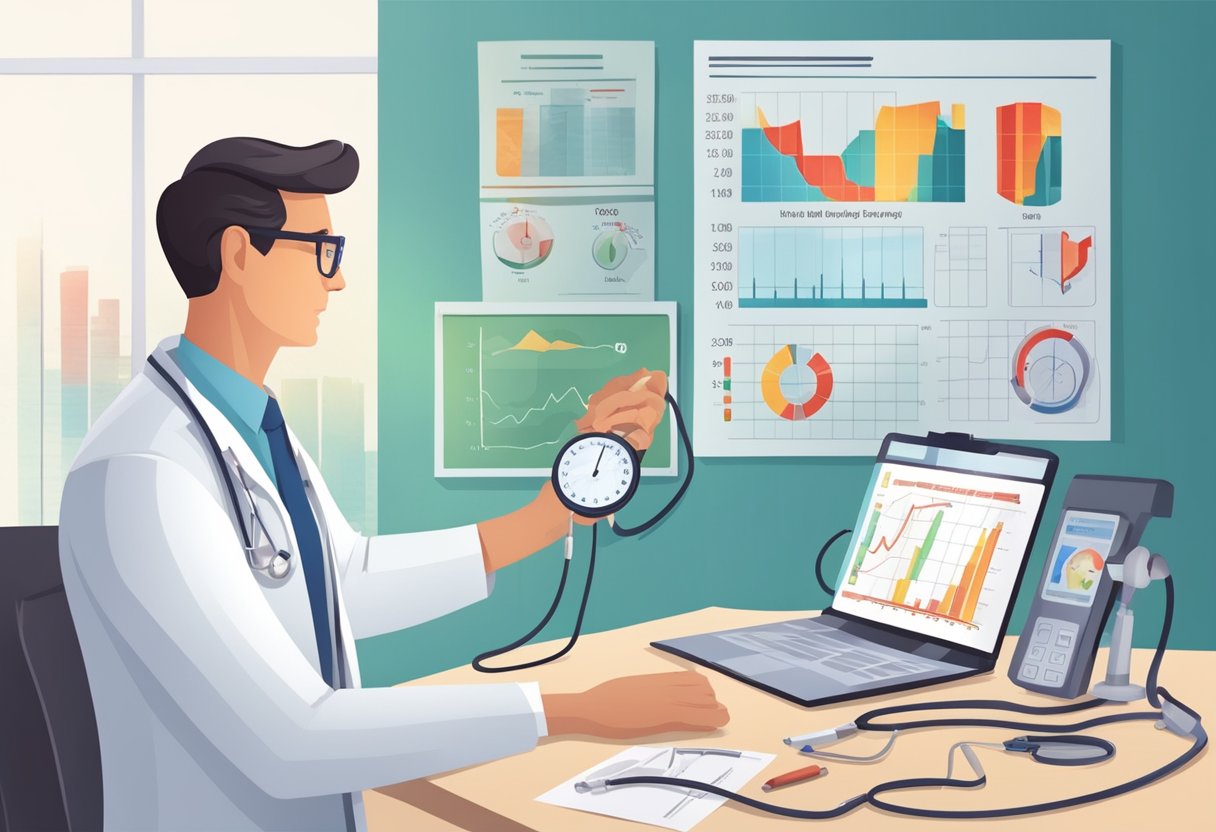 A doctor reviews charts, measuring blood pressure and heart rate for diagnosis of hypertensive heart disease