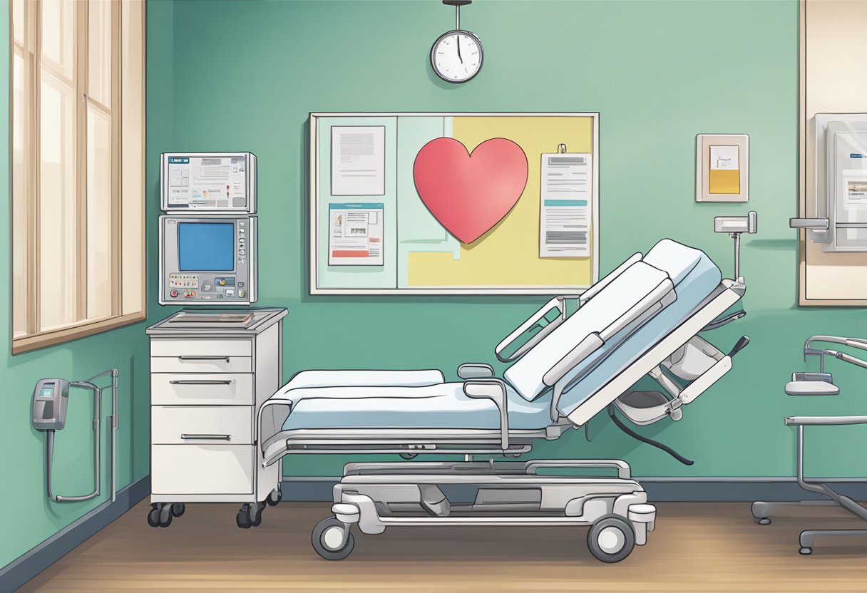 A hospital room with a patient's bed, medical equipment, and a heart stent recovery pamphlet on the bedside table