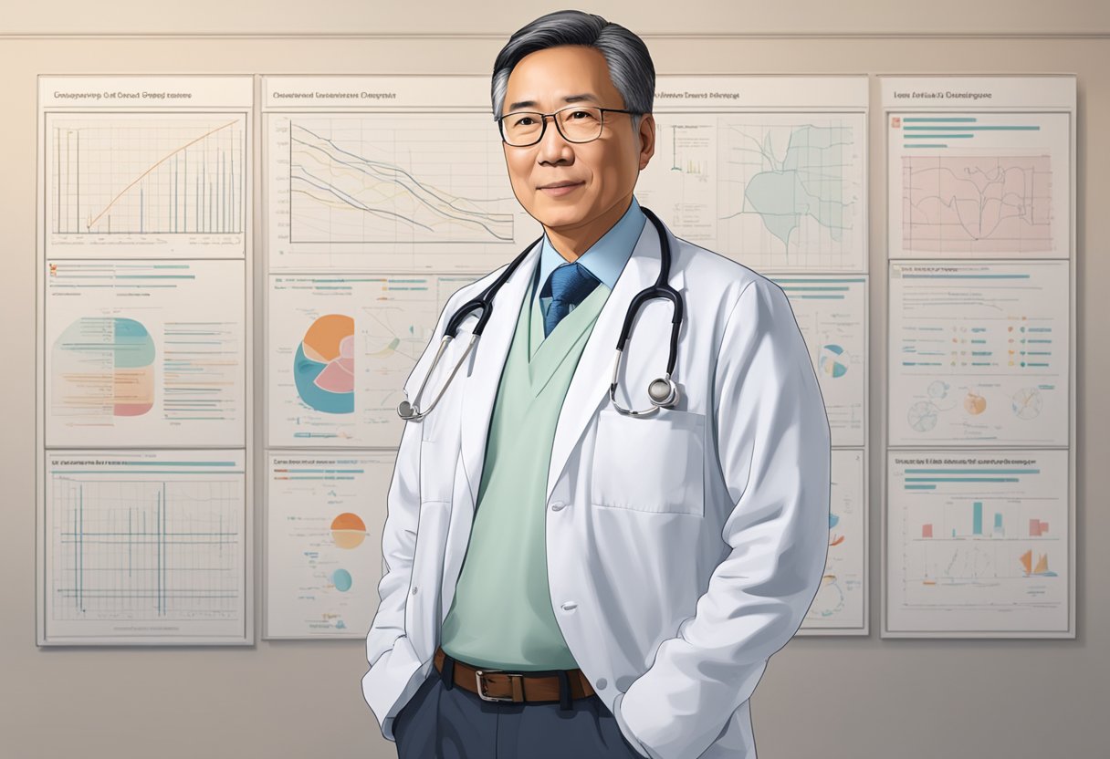 Renowned cardiologist, Dr. Leslie Lam, standing confidently in front of a wall of medical charts and heart diagrams