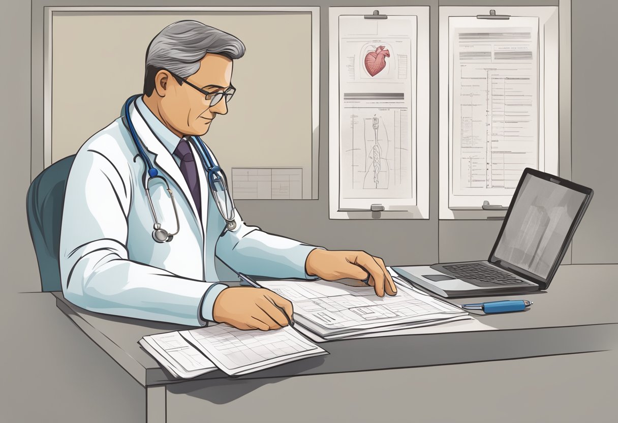 A doctor reviewing charts and guidelines for treating hypertensive heart disease