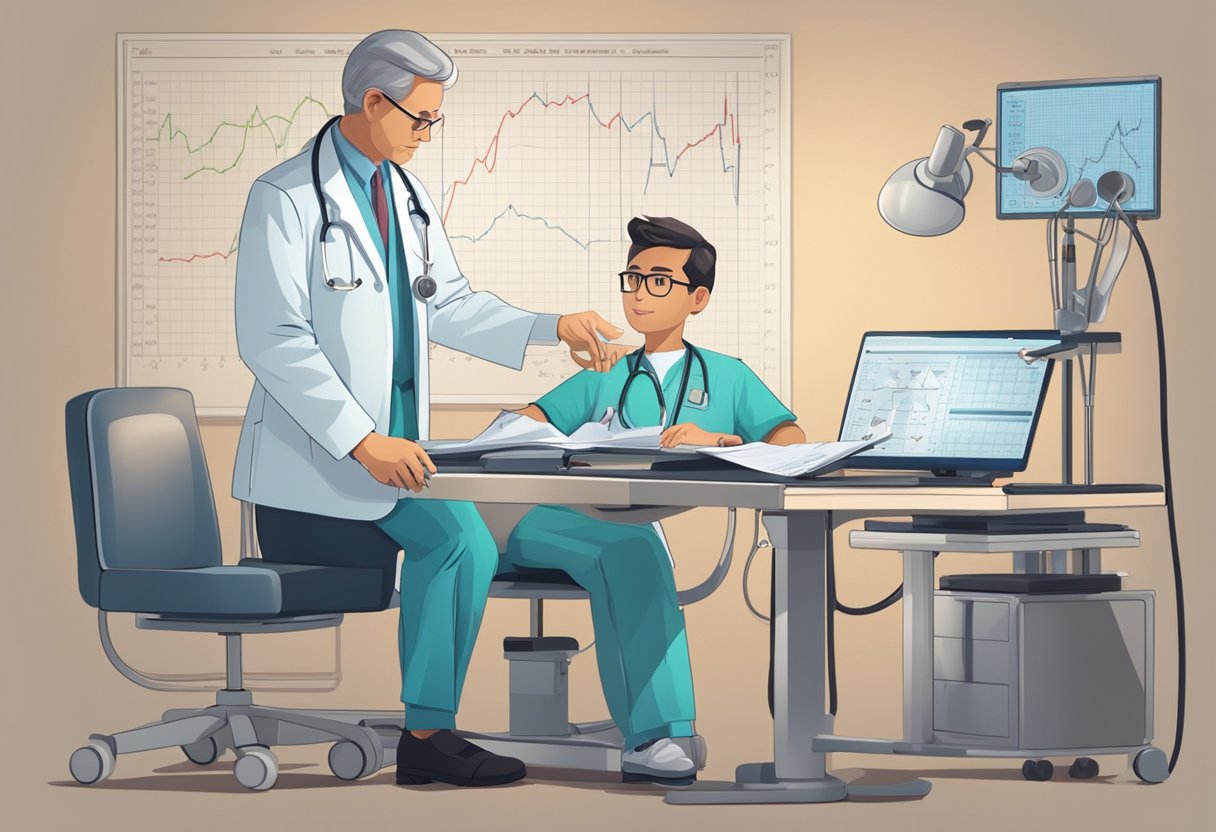 A cardiologist examining a patient's EKG results for potential heart conditions. The doctor is surrounded by medical equipment and charts, indicating a thorough and professional approach to cardiological care