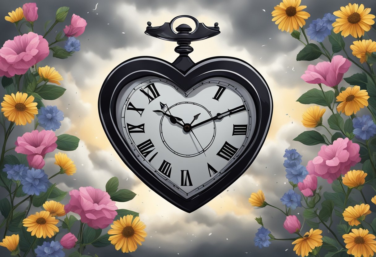 A heart-shaped clock with a broken second hand, surrounded by wilted flowers and a dark storm cloud overhead