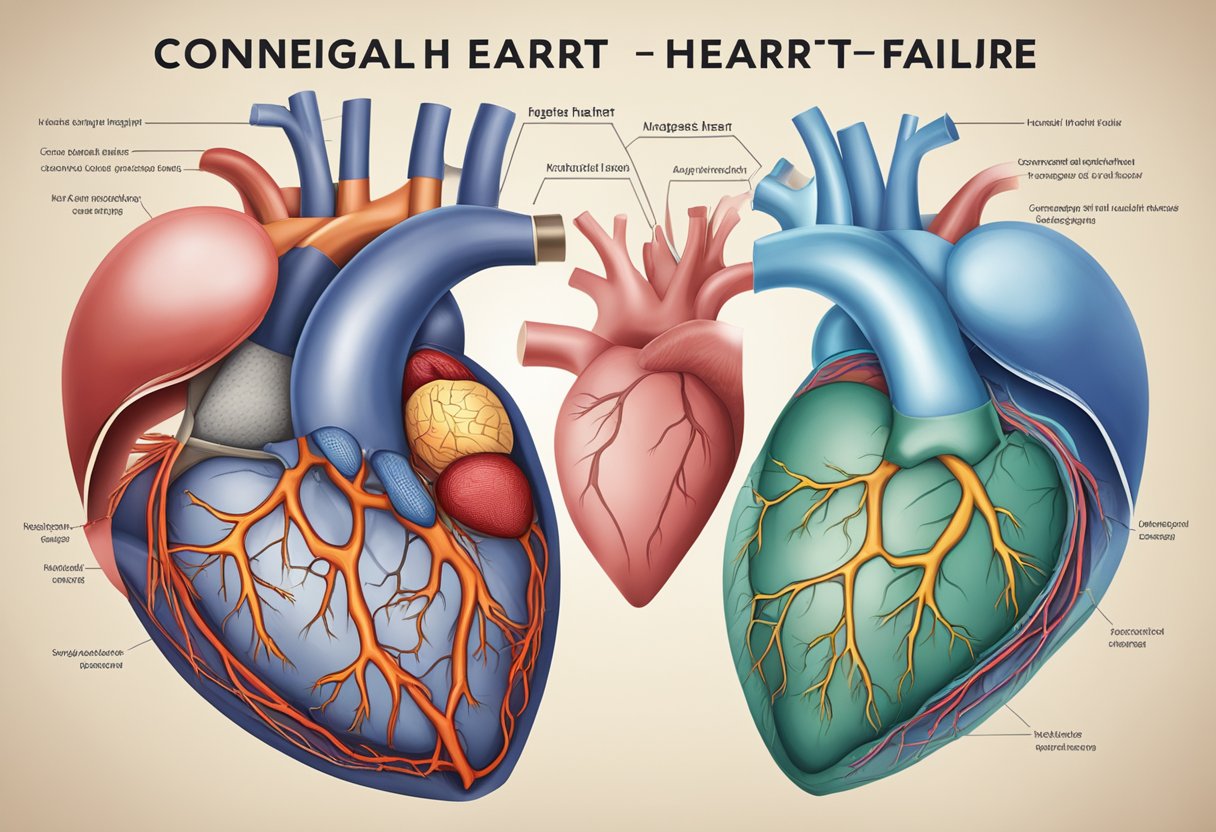 A heart-shaped diagram with a small, healthy heart on one side and a larger, damaged heart on the other, labeled "congenital heart failure."