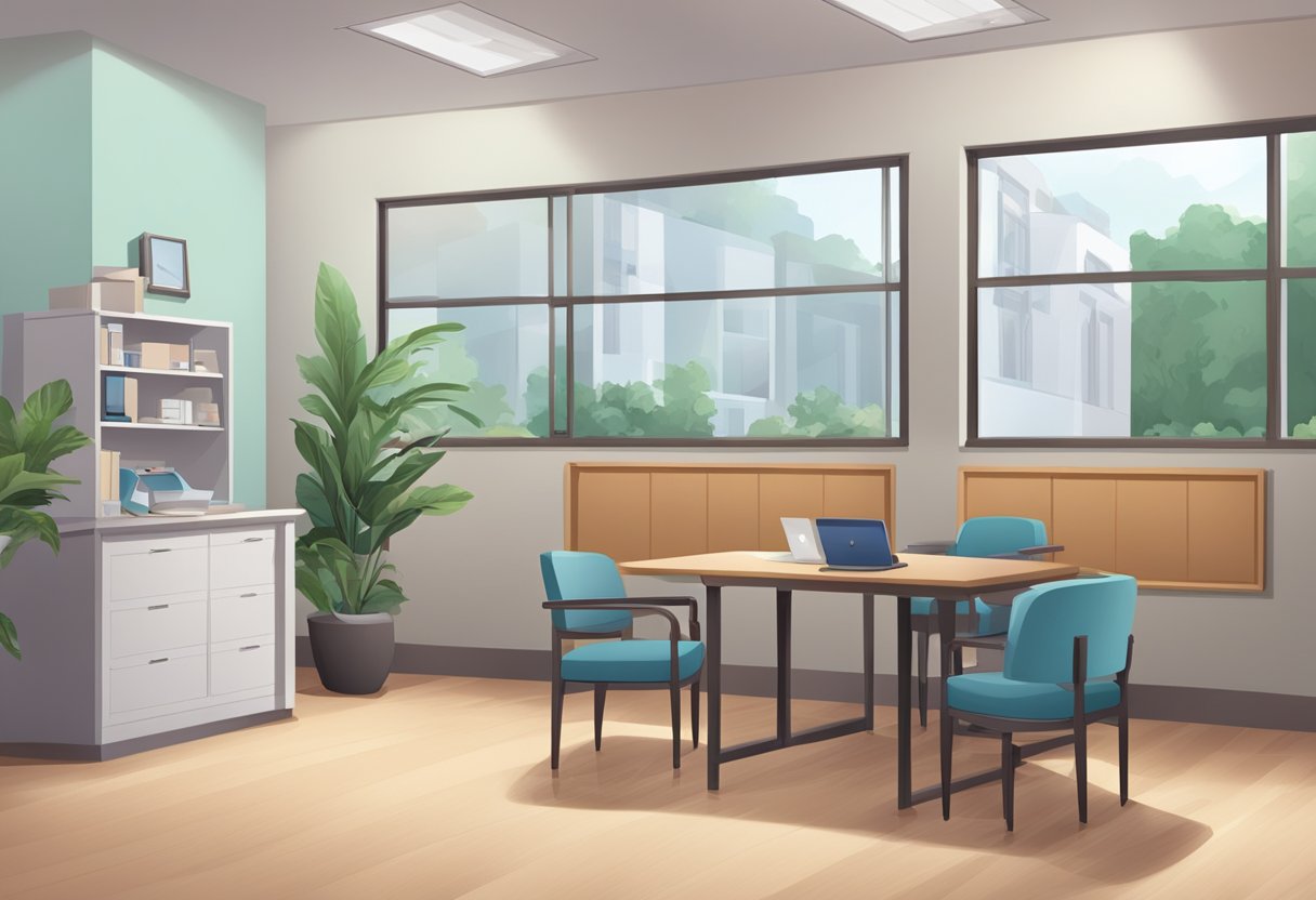 A doctor's office with a desk, computer, and waiting area. A sign on the wall reads "Frequently Asked Questions Leslie Lam Cardiologist."