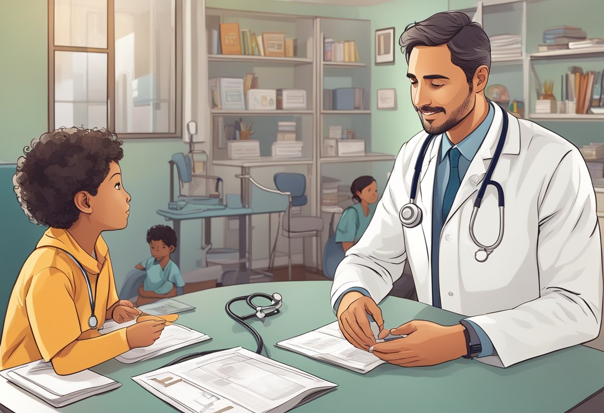 A doctor monitors a child's heart with a stethoscope while discussing treatment options with the child's parents. Medical equipment and charts are visible in the background