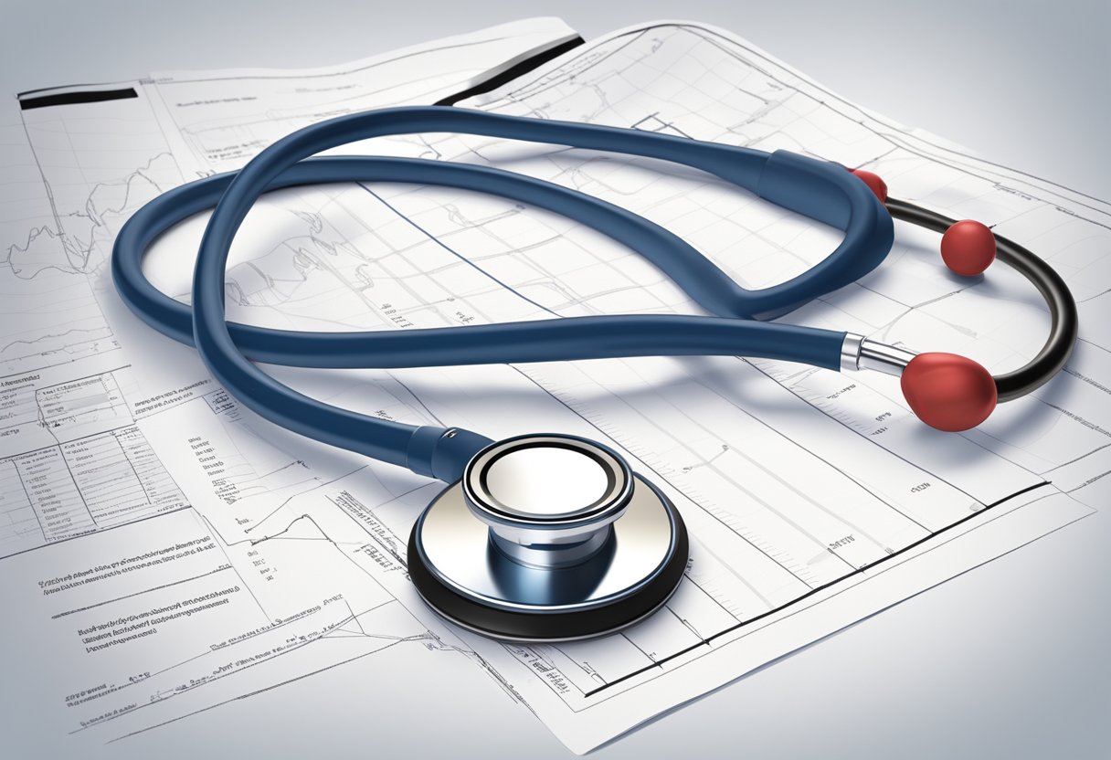 A stethoscope listening to a beating heart with a medical chart showing criteria for hypertensive heart disease