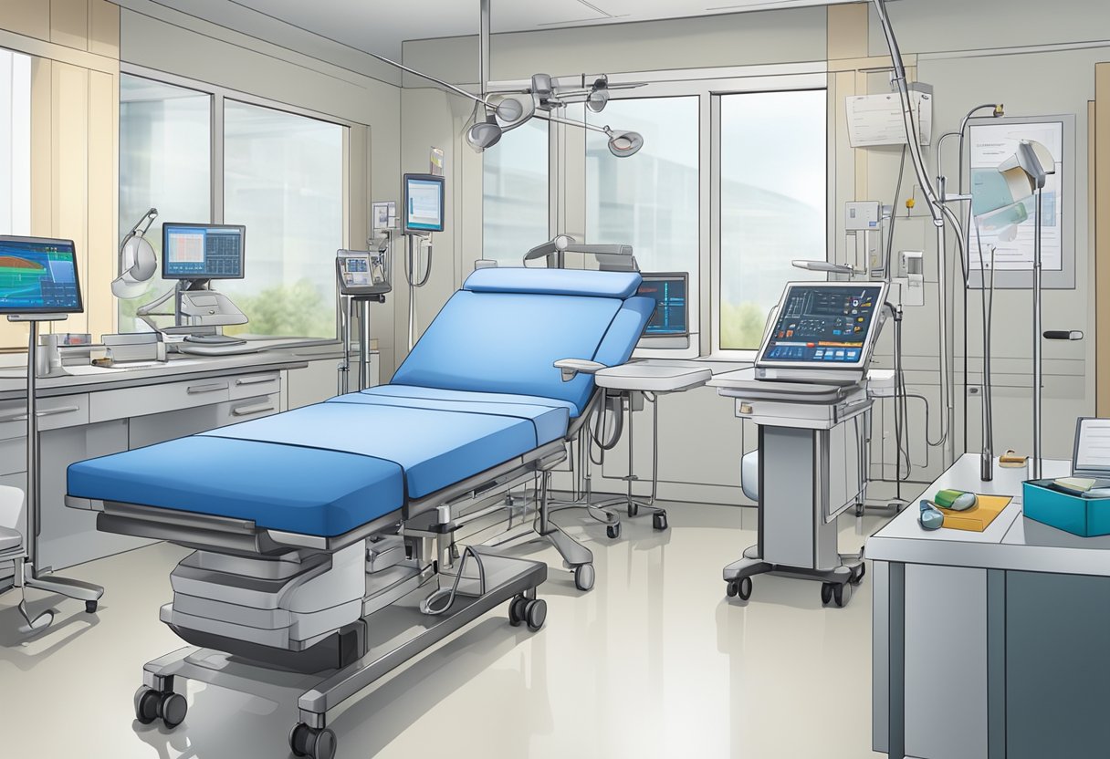 A clinical setting with medical equipment and charts, focused on cardiology