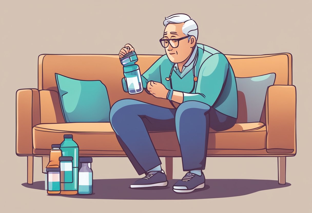A person with heart disease coughs while sitting on a sofa, holding a medication bottle. A doctor's prescription and a heart rate monitor are visible nearby