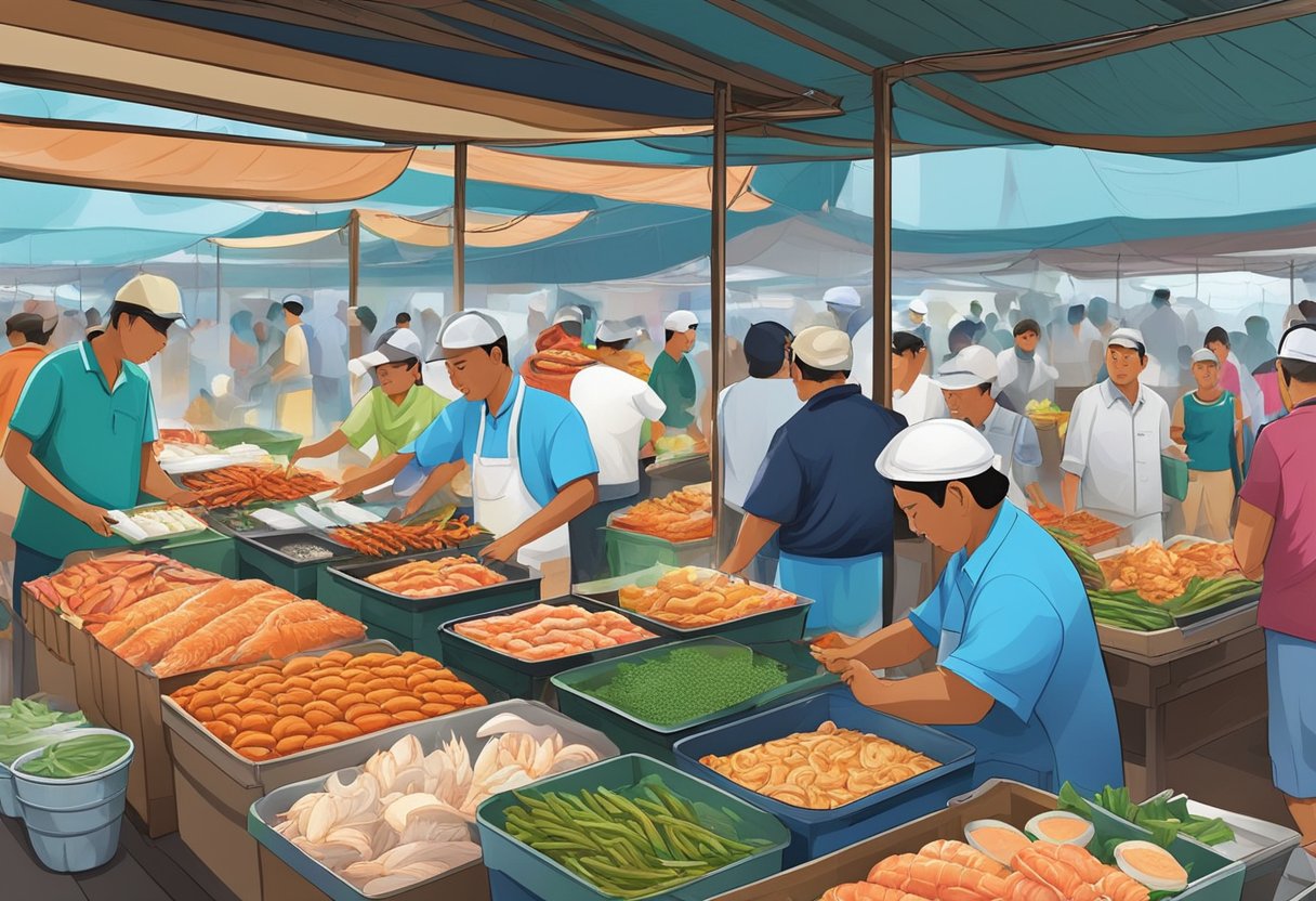 A bustling seafood market in Sitiawan, Singapore, with vendors and customers engaging in lively conversations and transactions. The air is filled with the aroma of fresh seafood and the sound of sizzling grills