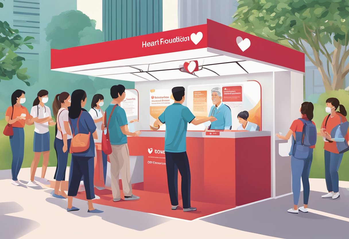A group of people gather around a heart health promotion booth, learning about cardiovascular wellness from the Singapore Heart Foundation. Display materials and interactive demonstrations engage the crowd