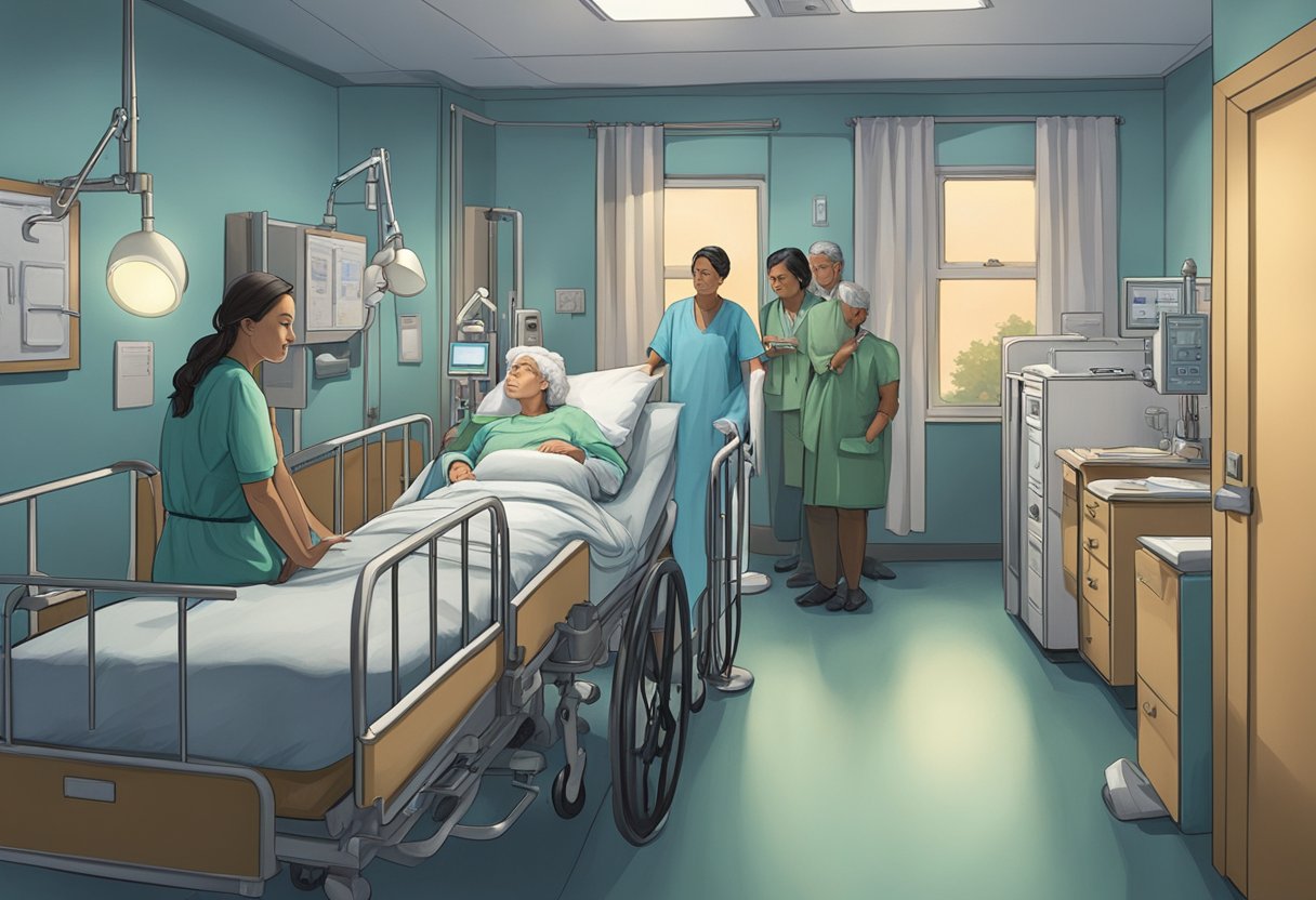A dimly lit hospital room with medical equipment, a weary patient in bed, and concerned loved ones gathered around
