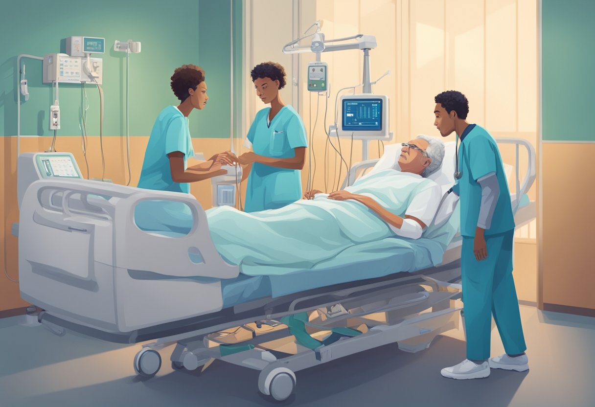 A heart monitor beeping steadily, a hospital bed with tubes and wires, a weary patient surrounded by concerned loved ones