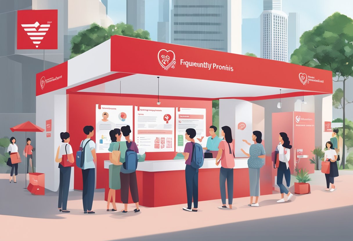 A group of people seeking information at a Singapore Heart Foundation booth, with a banner displaying "Frequently Asked Questions" prominently