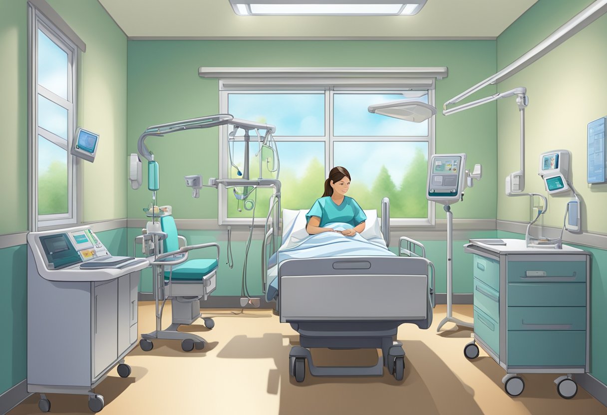 A hospital room with medical equipment, a patient's bed, and a caregiver providing support and comfort