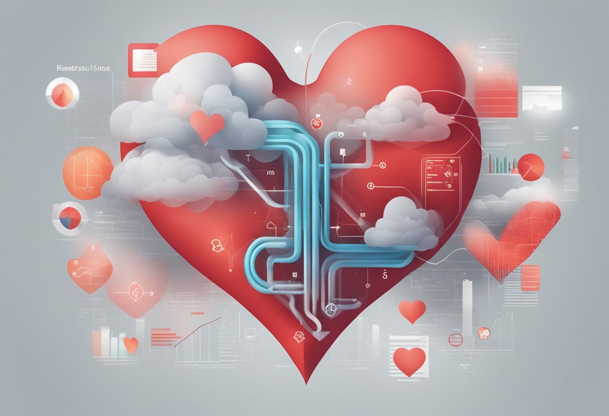 A cloud of smoke hovers over a red heart, surrounded by statistical data on heart disease