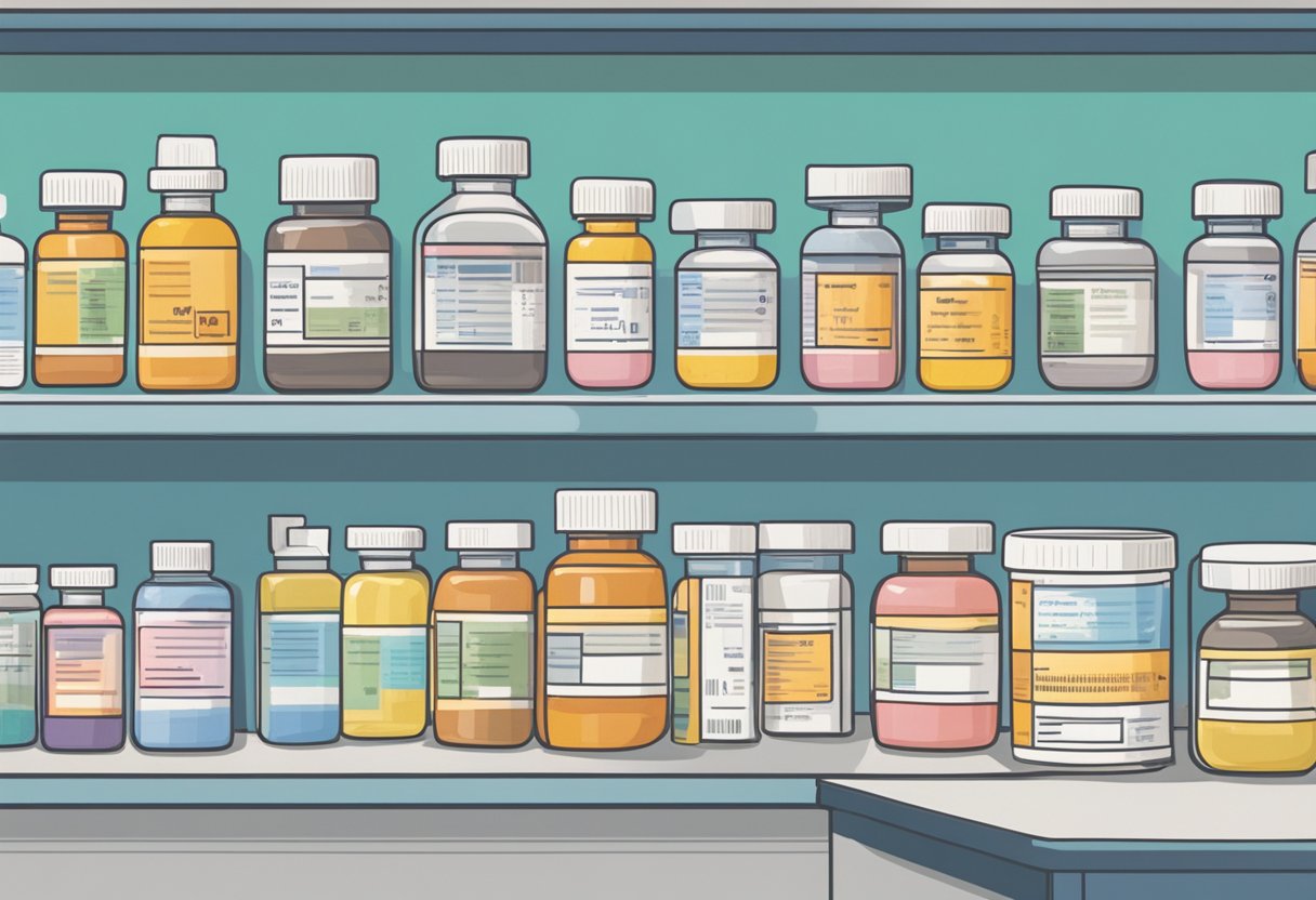 A heart-shaped container of bumetanide sits on a pharmacy shelf, surrounded by other heart failure medications. The label prominently displays the drug's name and dosage