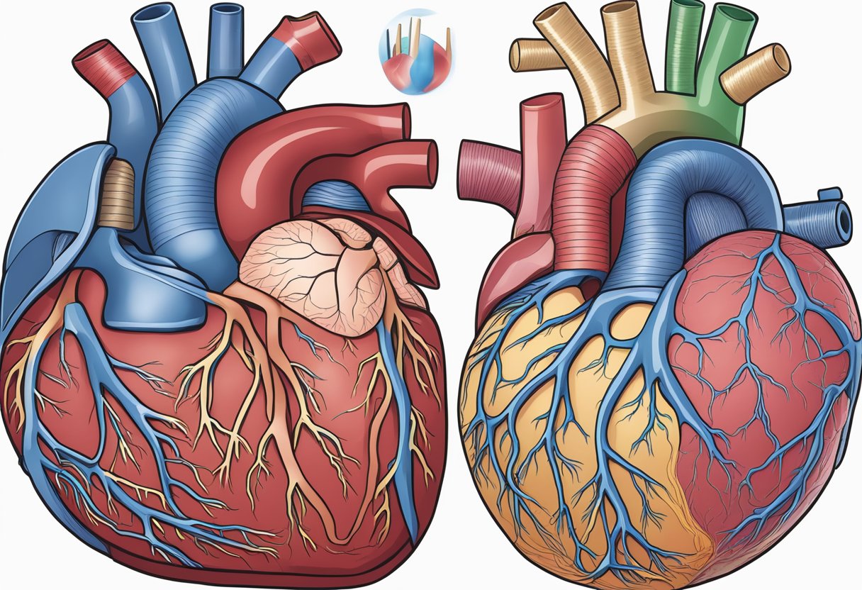 A heart with blocked arteries (MI) contrasts a weakened heart (HF) with fluid buildup