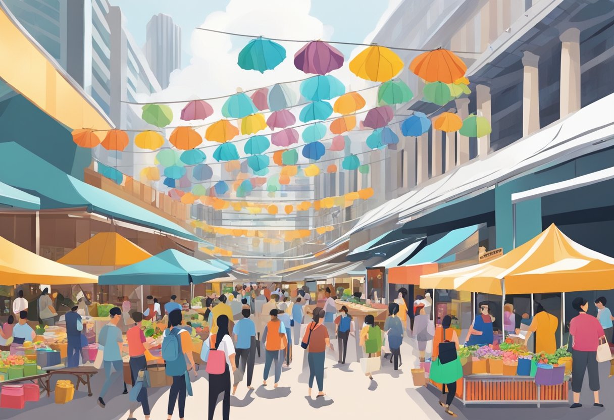 A bustling marketplace with colorful stalls and lively crowds at the heart of Raffles Centre
