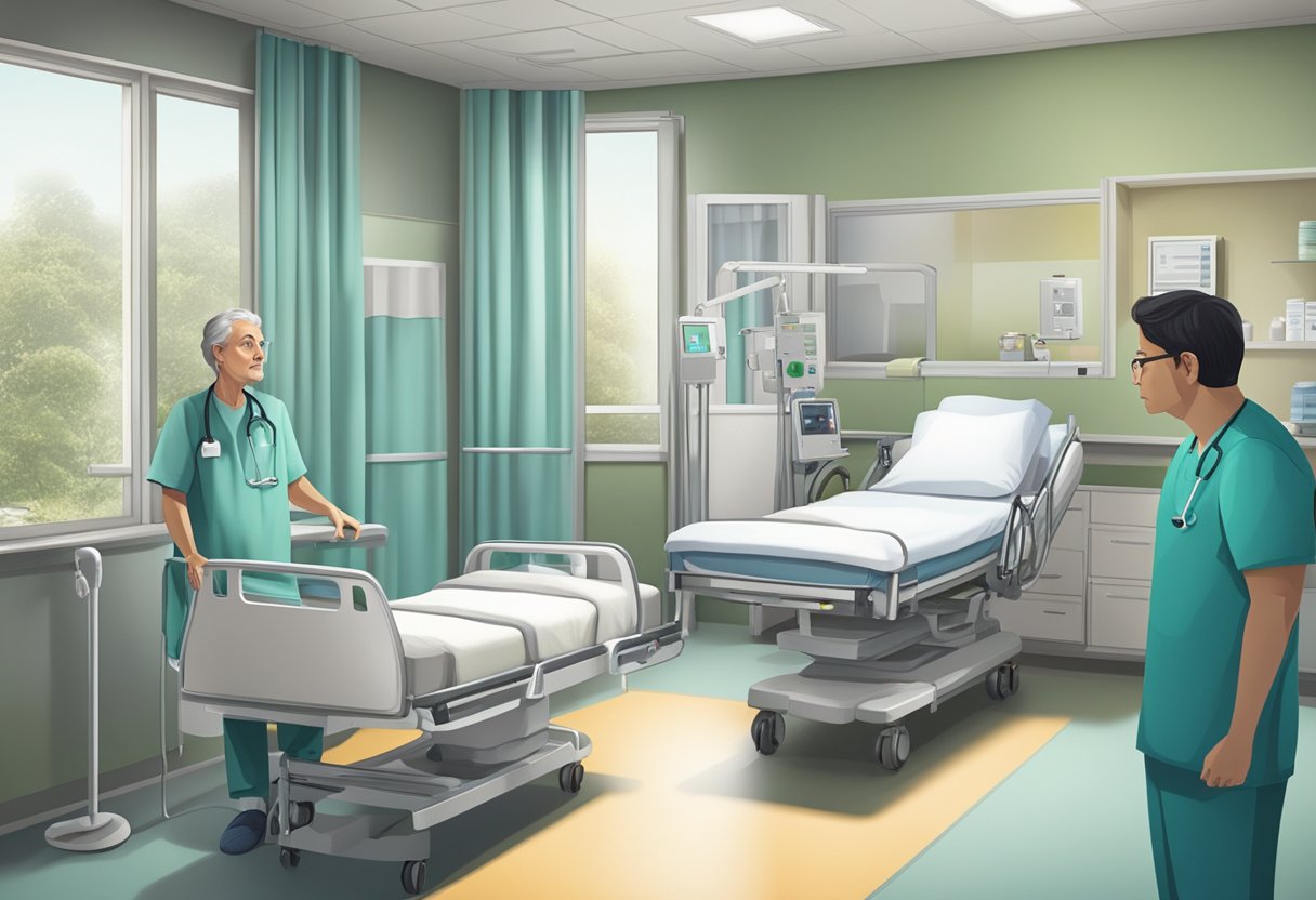 A hospital room with medical equipment, a patient's bed, and a concerned family member talking to a doctor