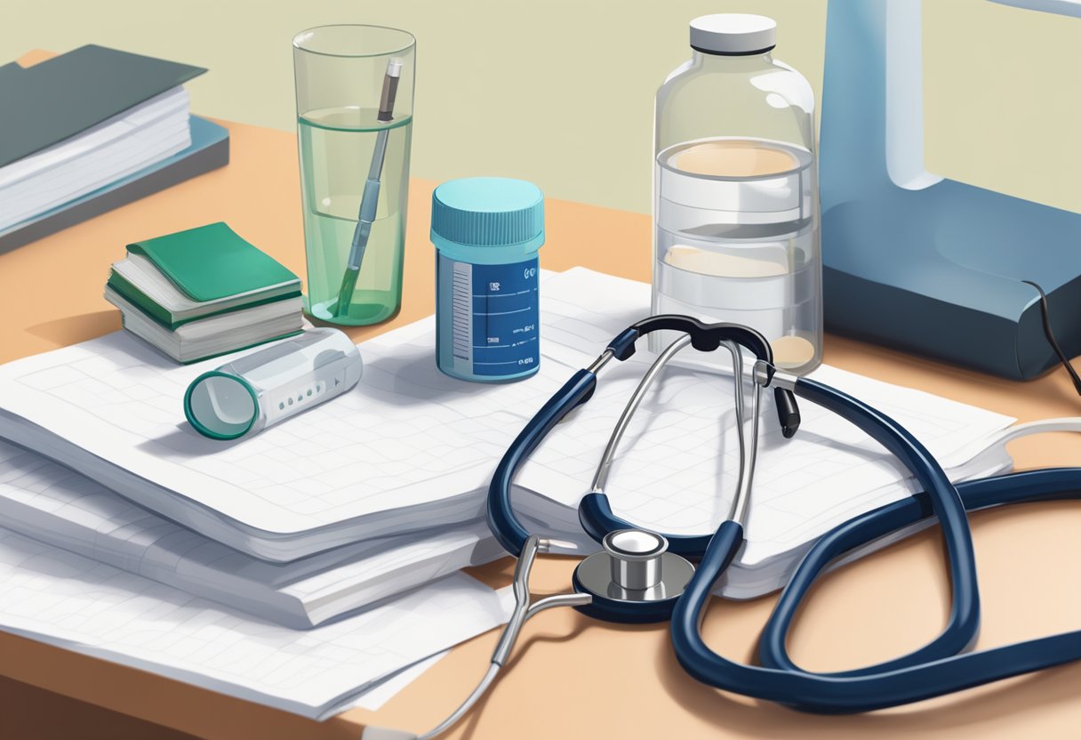 A pill bottle of bumetanide sits next to a glass of water on a bedside table. A stethoscope and blood pressure cuff are nearby, along with a journal for tracking symptoms