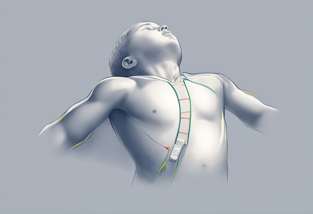 A child's chest rises and falls gently, indicating a resting heart rate
