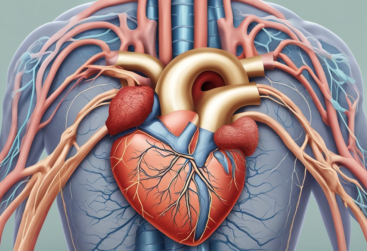 A heart with a blockage in a blood vessel, causing damage to the heart muscle. Signs of distress and strain evident in the surrounding tissue