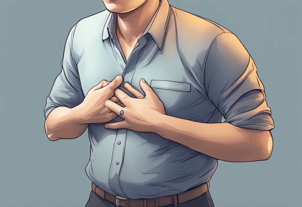 A person clutching their chest, shortness of breath, and fatigue