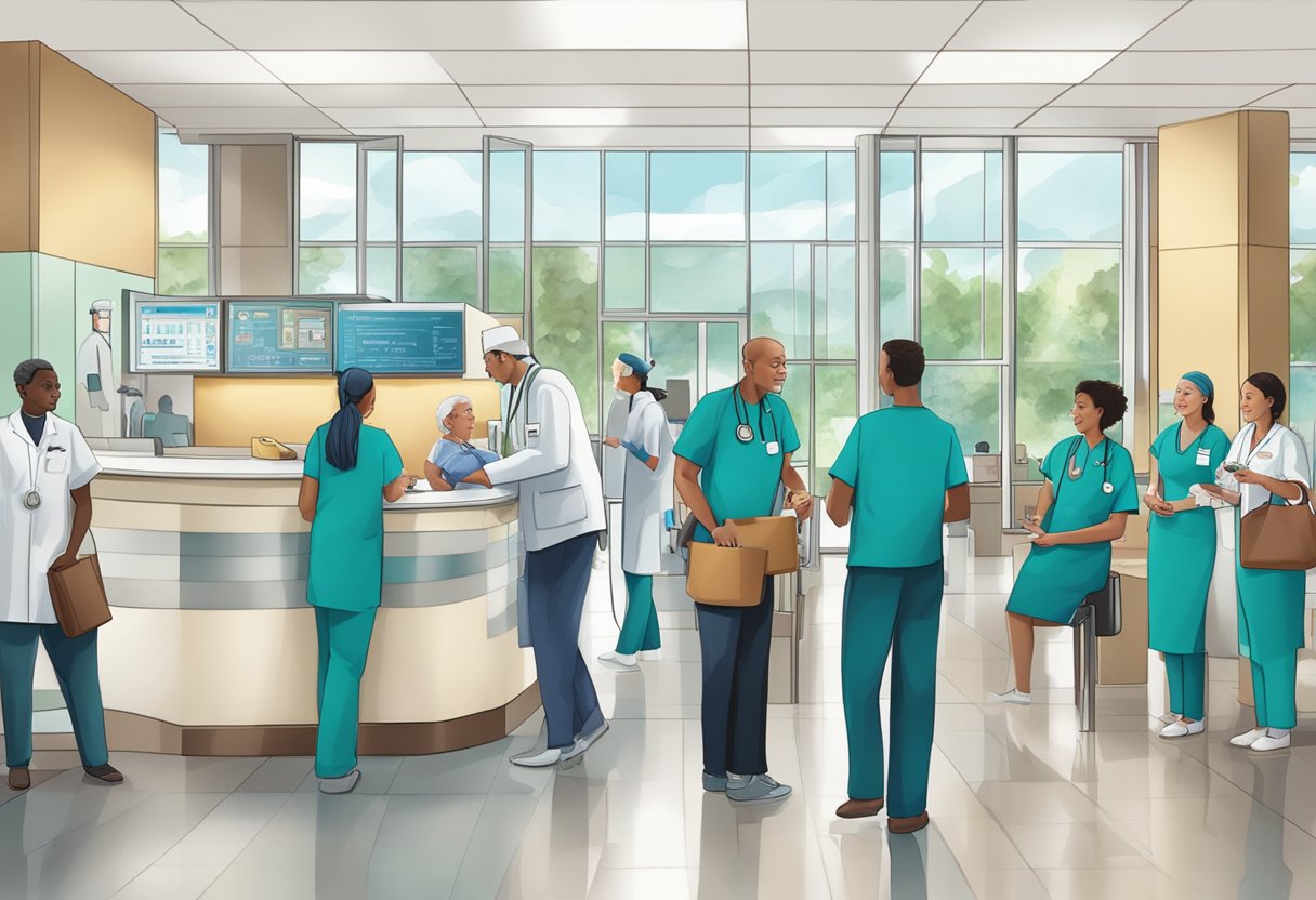 A bustling hospital lobby with signage for "Raffles Heart Centre" and medical staff tending to patients