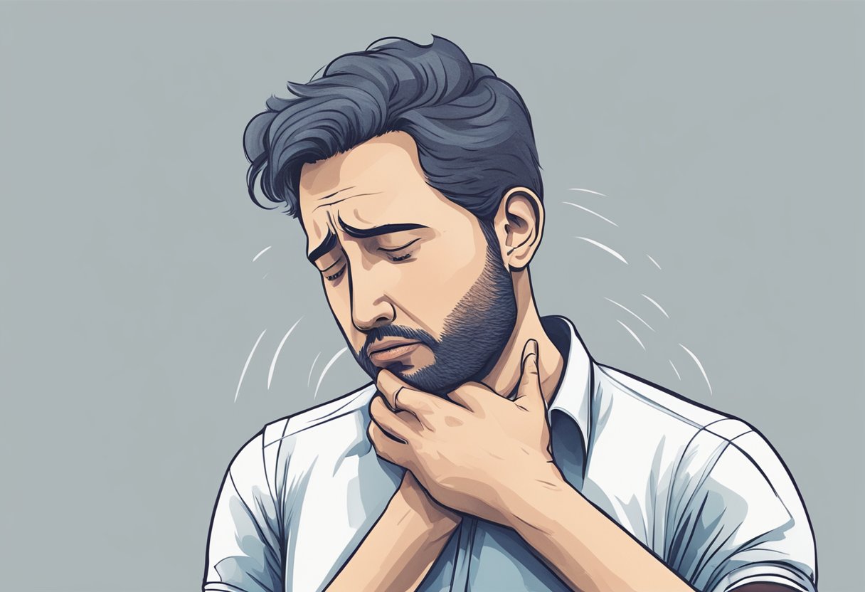 A person clutching their chest in pain, with a worried expression on their face, while sweating profusely