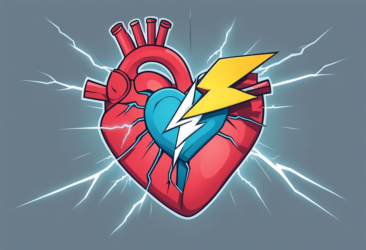 A heart with a lightning bolt striking it to represent a heart attack, and a heart with a crack in it to represent heart failure