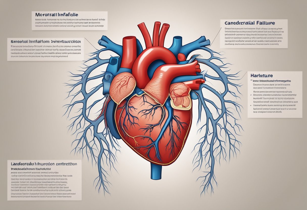 A heart with a bright red infarction area and a weakened, enlarged ventricle, surrounded by blood vessels and labeled with "myocardial infarction" and "heart failure"