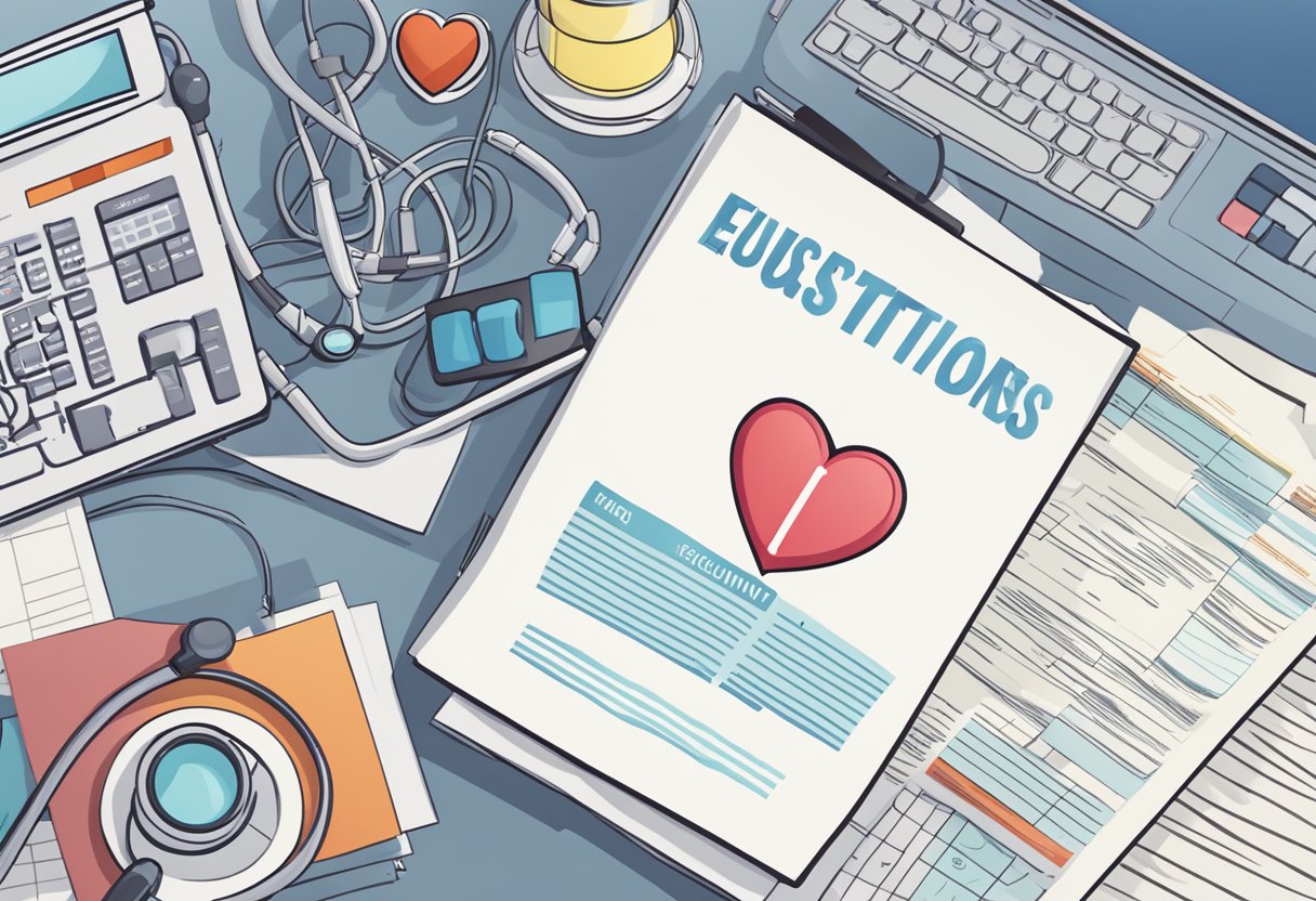 A stack of papers with "Frequently Asked Questions bumetanide heart failure" printed on top, surrounded by medical equipment and a computer screen displaying the same text
