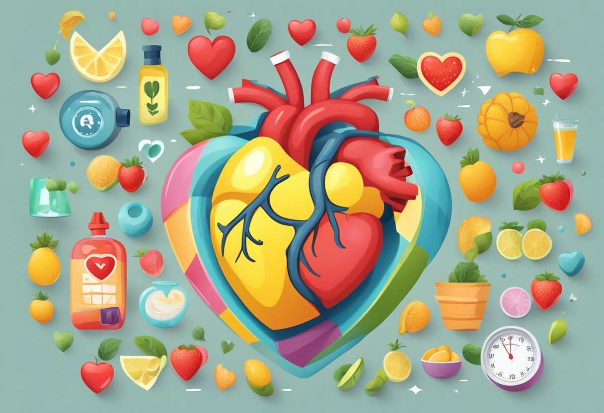 A heart with a caution sign and healthy lifestyle symbols
