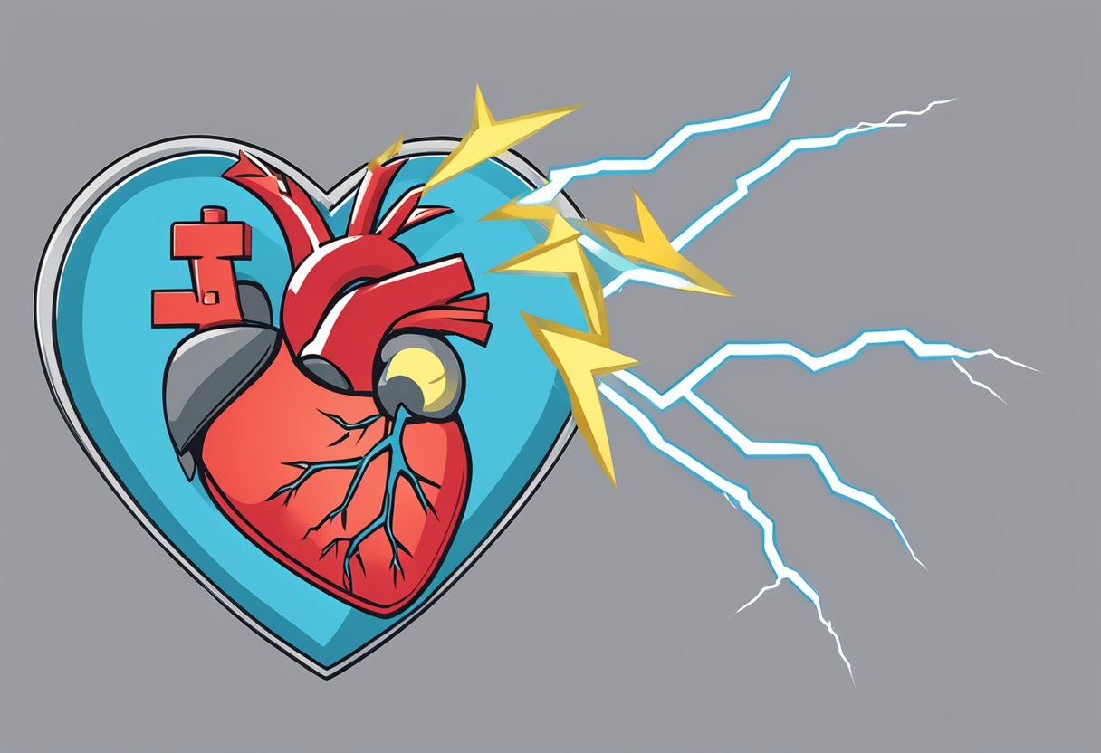 A heart with a lightning bolt striking it to represent a heart attack, and a heart with a crack to represent heart failure