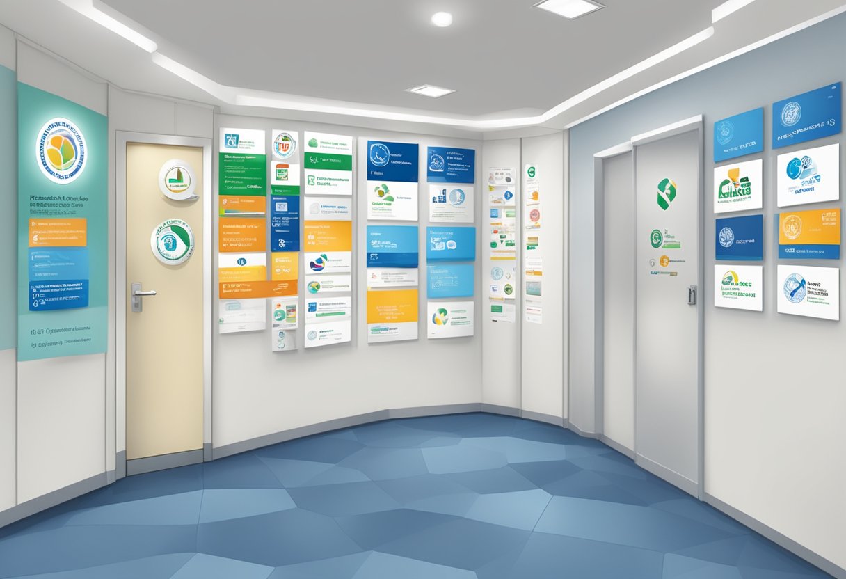 A wall displaying logos of accreditations and partnerships at Raffles Heart Centre
