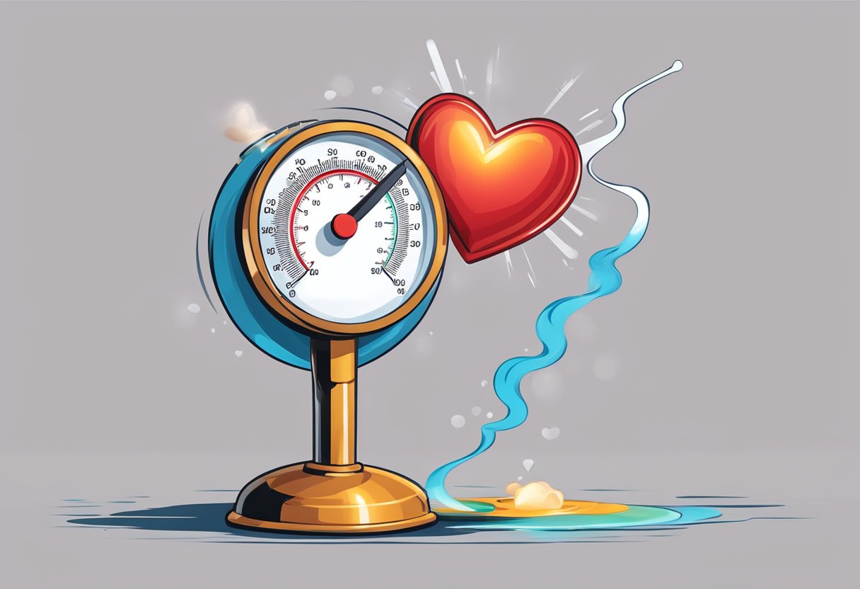 A red-faced thermometer bursts with steam, while a cracked heart-shaped meter spins out of control