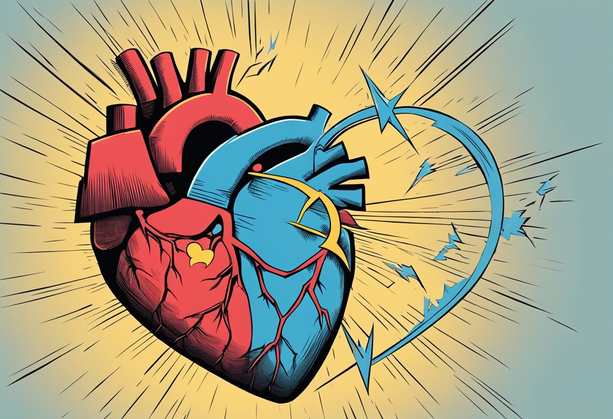 A heart and a question mark hovering above it, with a broken heart symbolizing heart failure and a lightning bolt symbolizing myocardial infarction