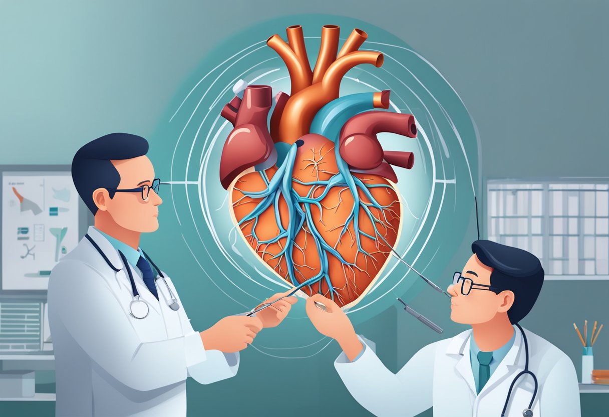 A doctor carefully inserts stents into a heart vessel