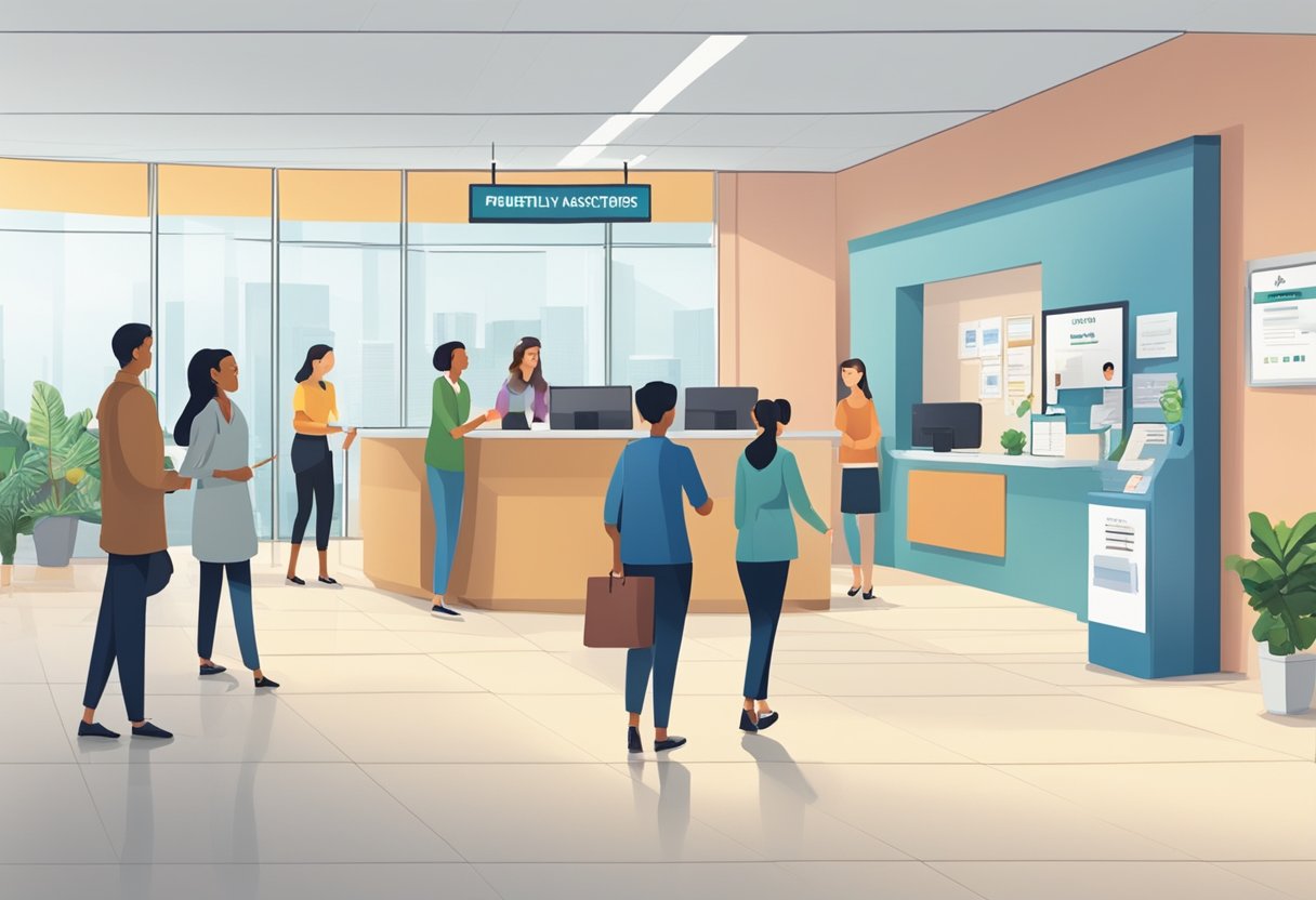 A bustling reception area with people waiting in line, a sign displaying "Frequently Asked Questions raffles heart centre," and a friendly receptionist assisting visitors