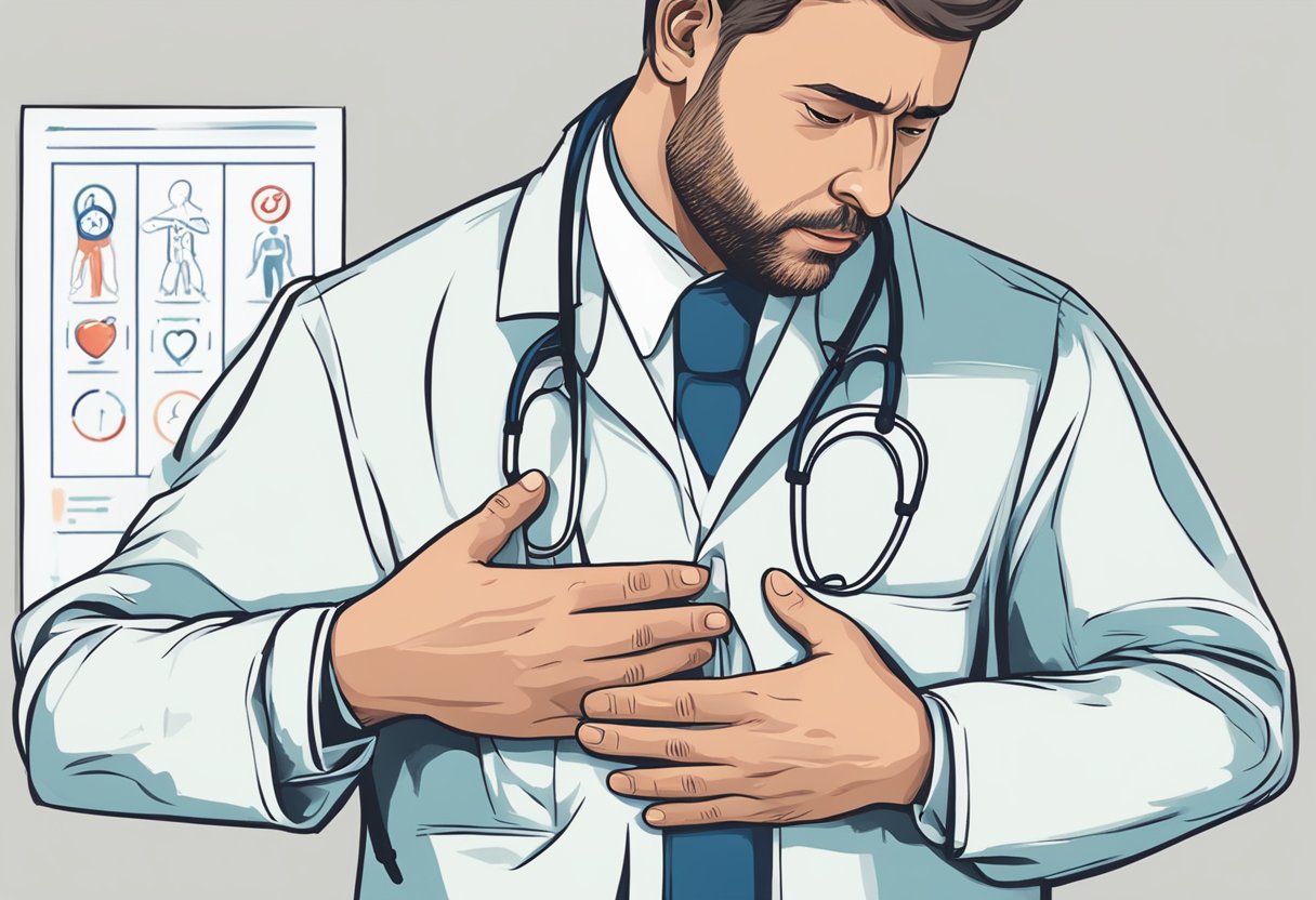 A person clutching their chest in distress, with a doctor pointing to a chart showing the key differences between heart attack and heart failure