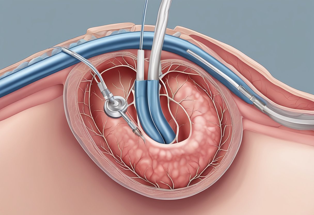 A doctor inserts a stent into a heart artery during angioplasty. The stent expands, opening the artery and improving blood flow