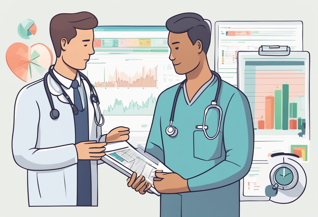 A heart monitor displaying irregular patterns, a person clutching their chest in pain, and a doctor holding a clipboard with a list of common symptoms of heart disease