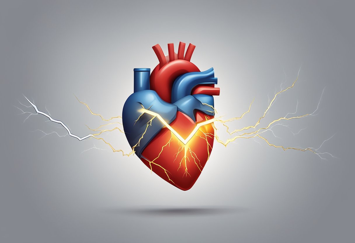 A heart with a lightning bolt striking it, symbolizing a heart attack, and a heart with a broken pump, symbolizing heart failure