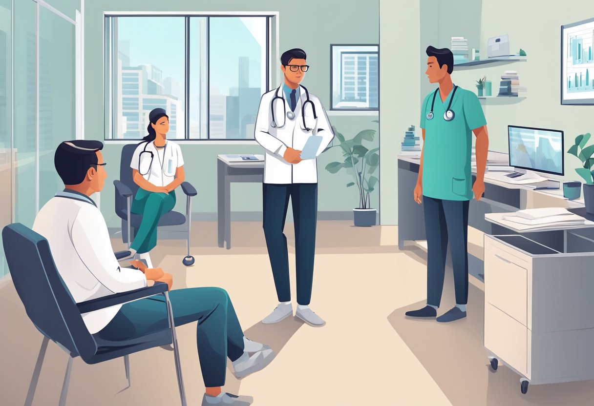 A person with a fast heart rate and sweating sits in a doctor's office, while medical professionals evaluate and discuss treatment options