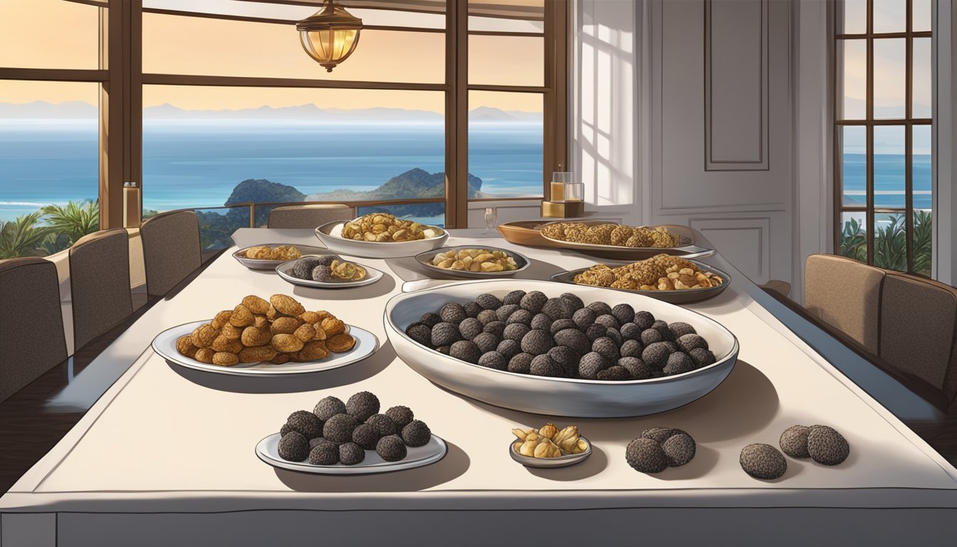 A table set with royal dried abalone and black truffles under a skylight, casting a warm glow on the luxurious spread